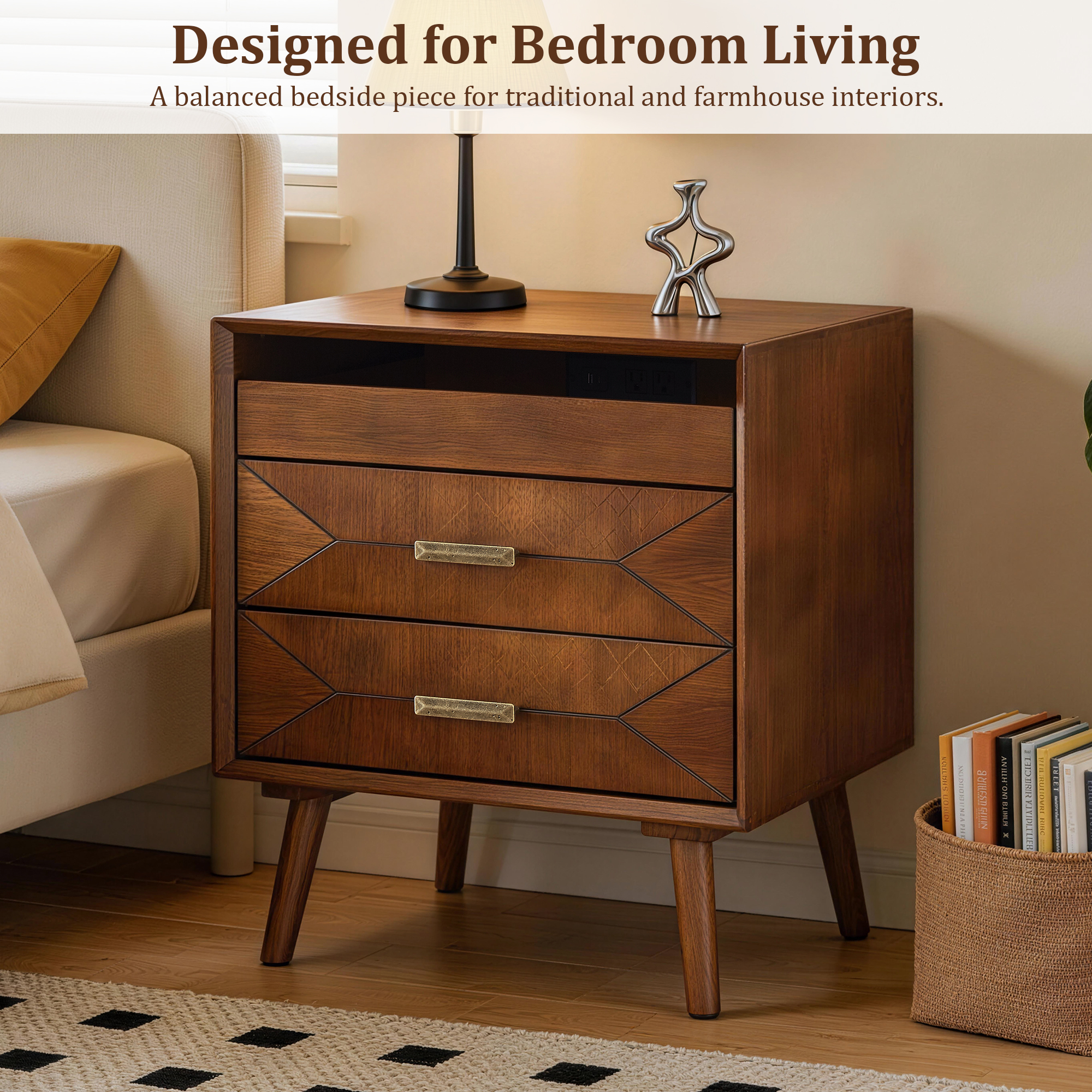 24" Nightstand with Charging Station, Keep Your Phone Charged & Bedroom Organized, Wood Bedside Table with 2 Drawers, Open Shelf & USB/Type-C Ports for Bedroom Living Room - Image 2