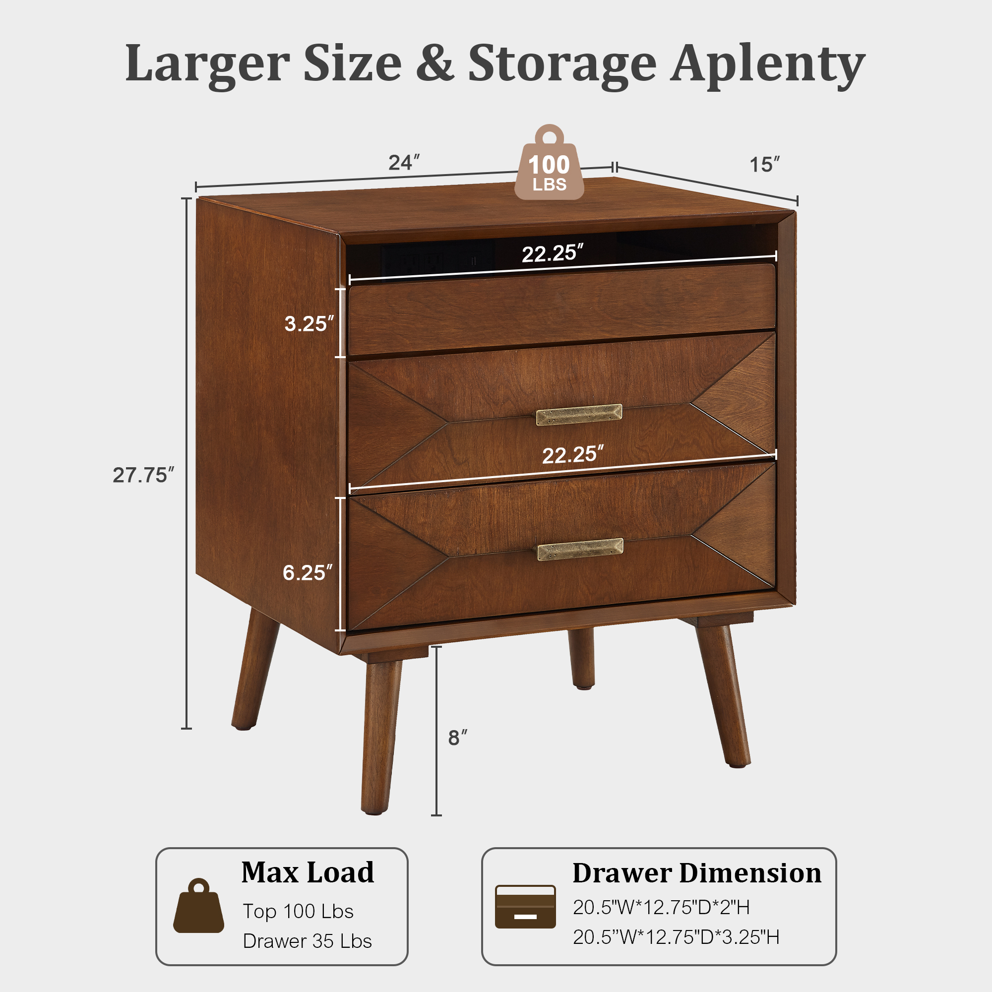 24" Nightstand with Charging Station, Keep Your Phone Charged & Bedroom Organized, Wood Bedside Table with 2 Drawers, Open Shelf & USB/Type-C Ports for Bedroom Living Room - Image 4