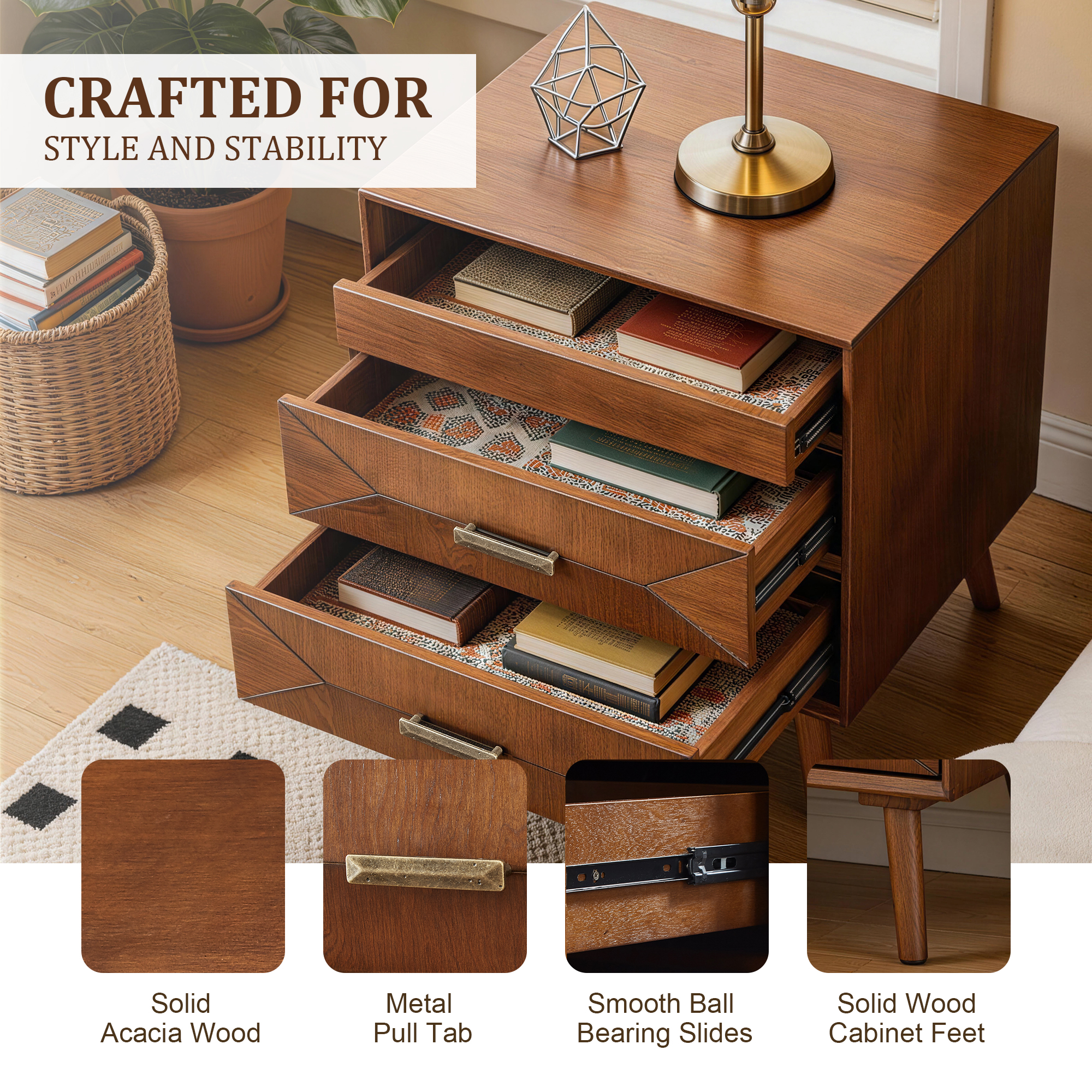 24" Nightstand with Charging Station, Keep Your Phone Charged & Bedroom Organized, Wood Bedside Table with 2 Drawers, Open Shelf & USB/Type-C Ports for Bedroom Living Room - Image 5