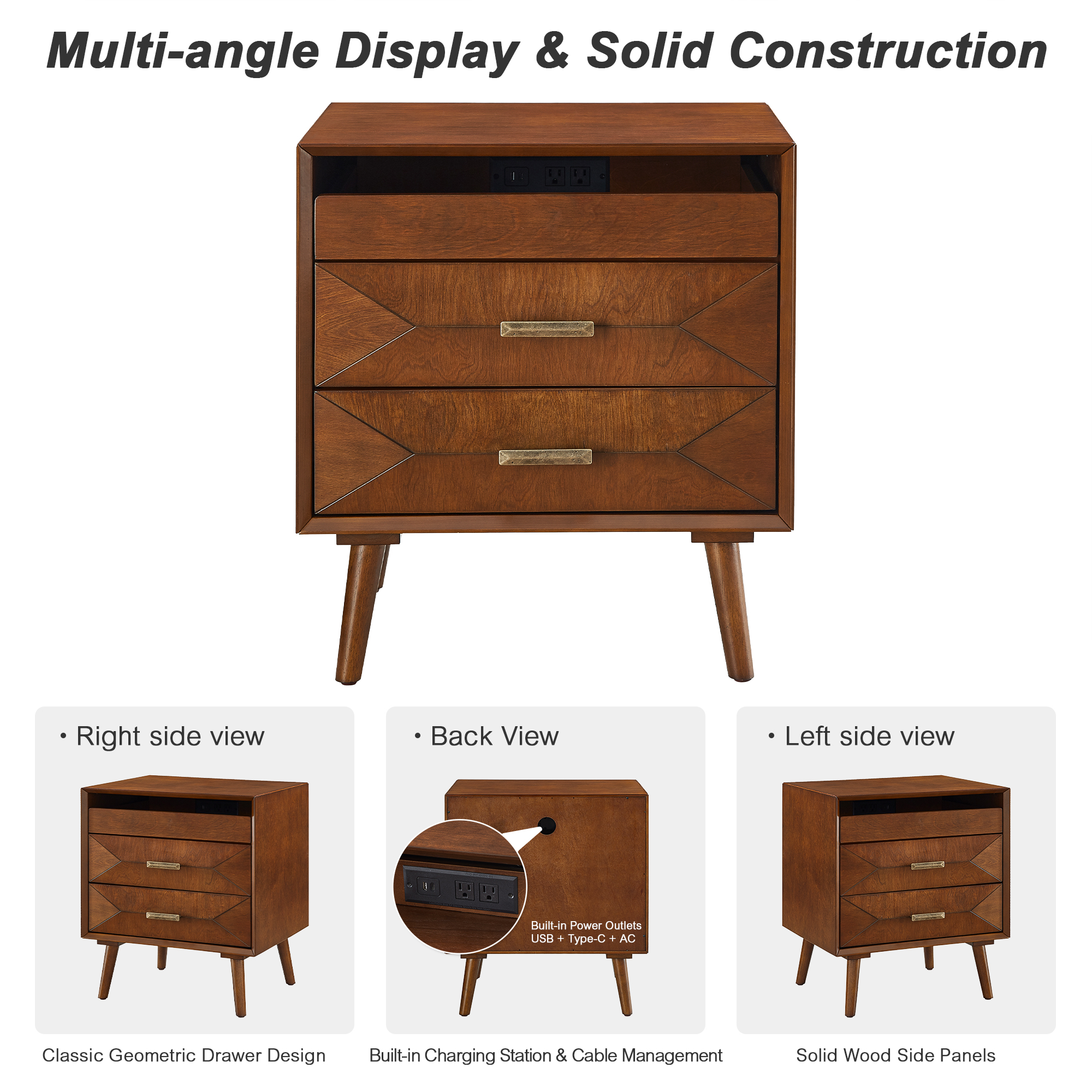 24" Nightstand with Charging Station, Keep Your Phone Charged & Bedroom Organized, Wood Bedside Table with 2 Drawers, Open Shelf & USB/Type-C Ports for Bedroom Living Room - Image 3