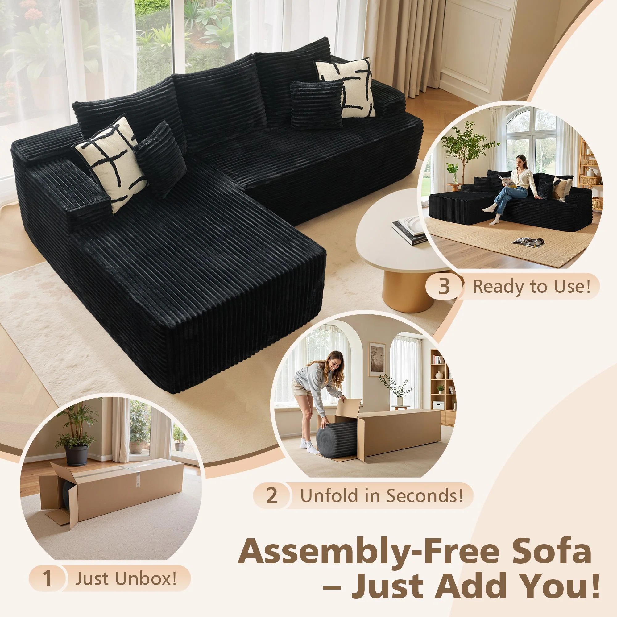 New 96"Frameless Boneless Soft Sofa,Cloud Sectional Couch With L-Shaped Chaise Black Left Corner - Image 2