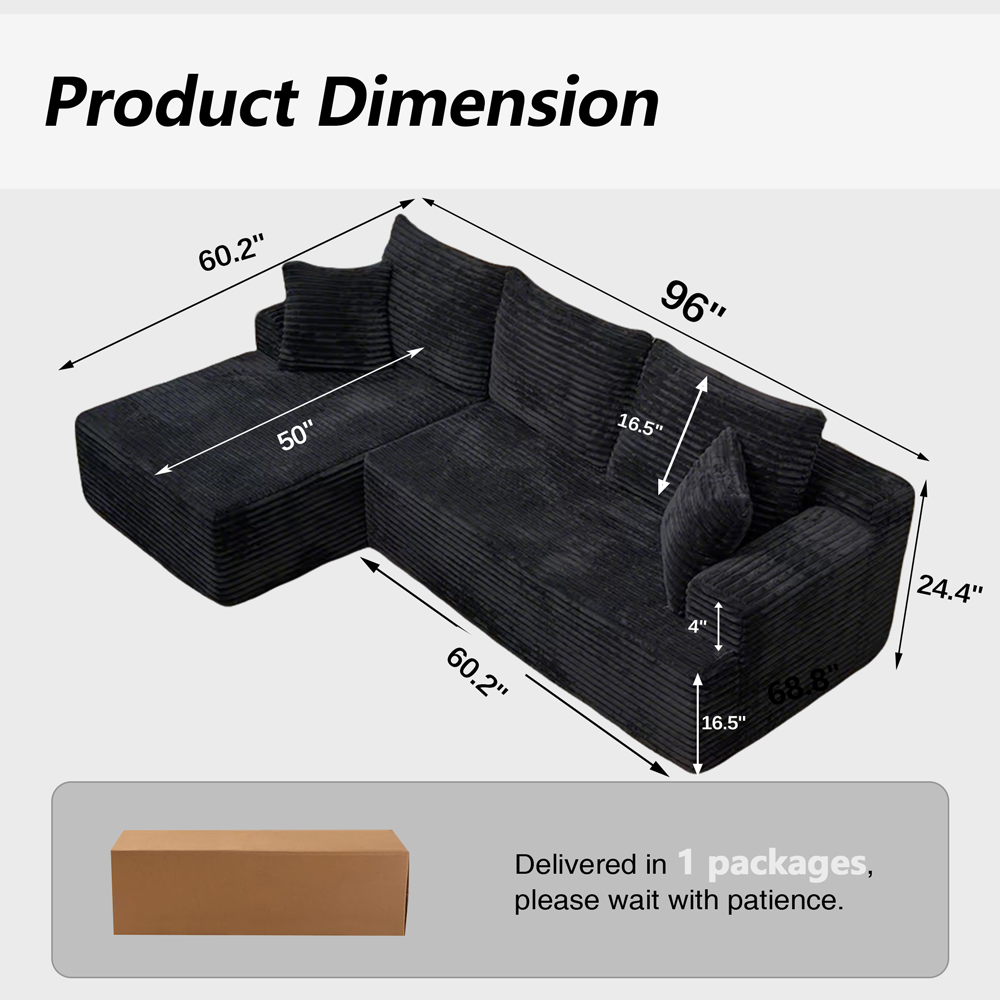 New 96"Frameless Boneless Soft Sofa,Cloud Sectional Couch With L-Shaped Chaise Black Left Corner - Image 6