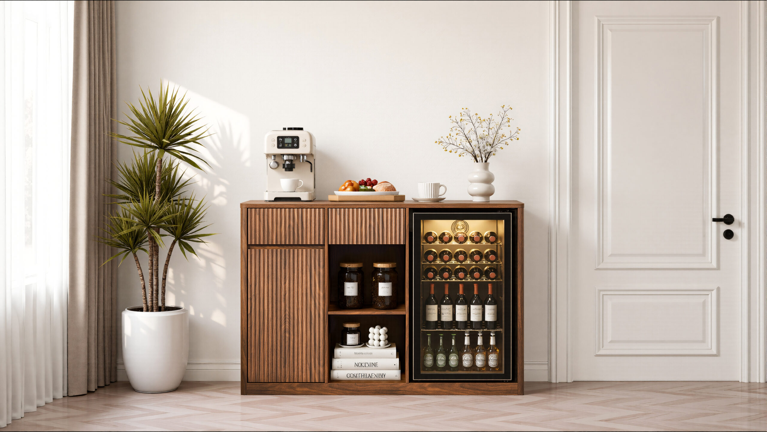 51.2" Modern Fluted Bar Cabinet with Fridge Compartment(Fridge Not Included, Adjustable Shelves & Built-in Power Outlets, Multipurpose Wine Storage Cabinet for Living & Dining Room, Walnut - Image 5