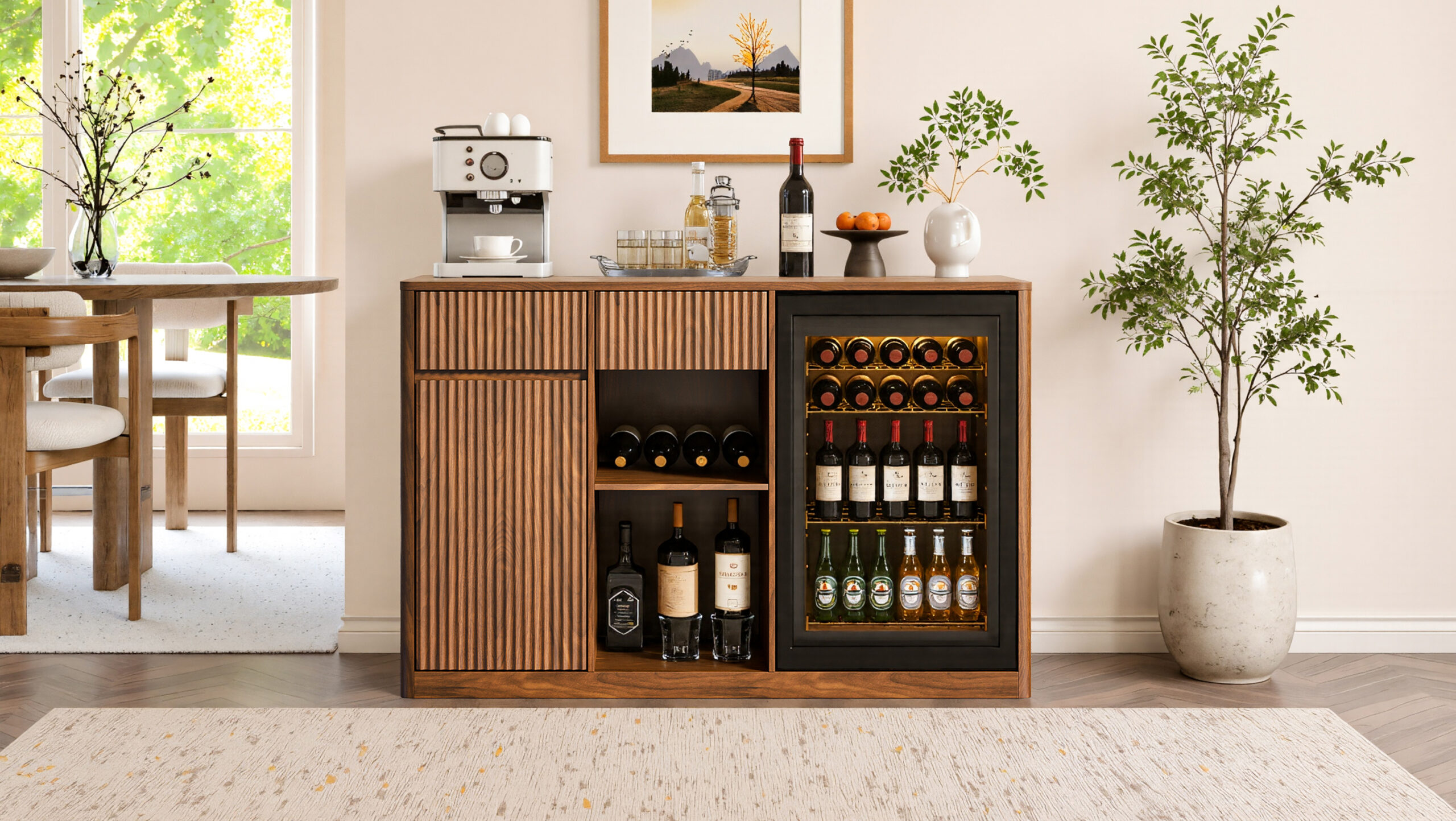 51.2" Modern Fluted Bar Cabinet with Fridge Compartment(Fridge Not Included, Adjustable Shelves & Built-in Power Outlets, Multipurpose Wine Storage Cabinet for Living & Dining Room, Walnut - Image 7
