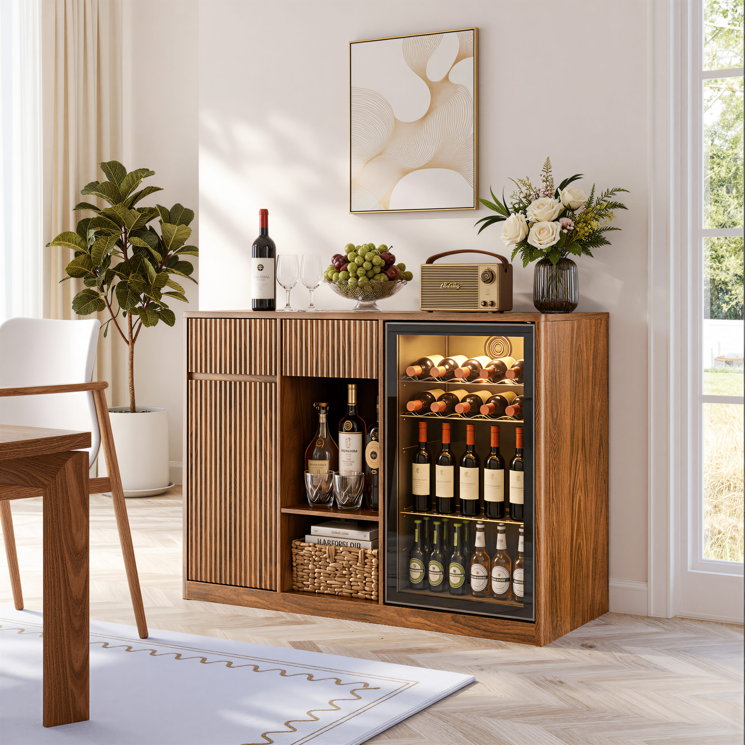 51.2" Modern Fluted Bar Cabinet with Fridge Compartment(Fridge Not Included, Adjustable Shelves & Built-in Power Outlets, Multipurpose Wine Storage Cabinet for Living & Dining Room, Walnut - Image 4