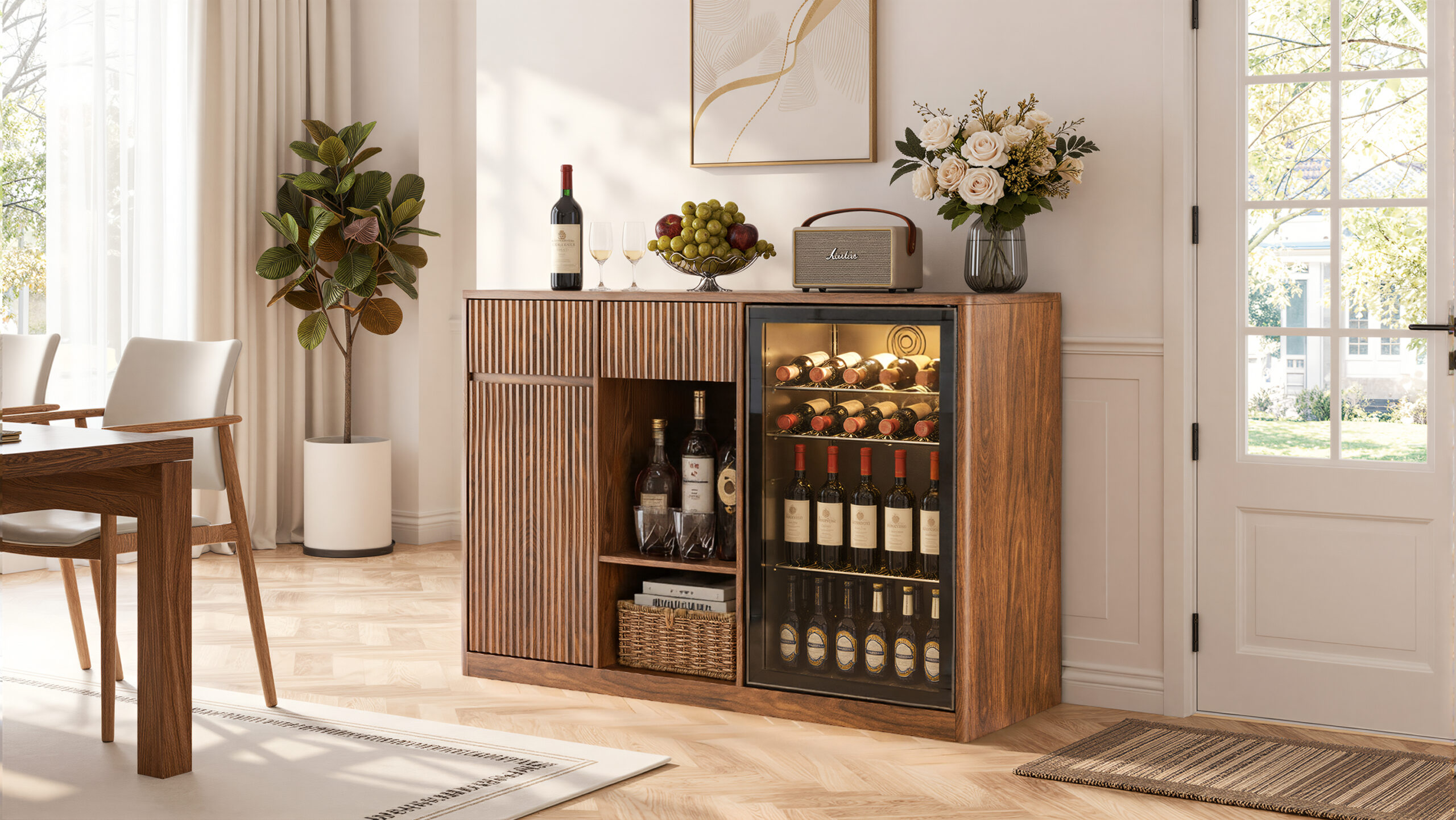 51.2" Modern Fluted Bar Cabinet with Fridge Compartment(Fridge Not Included, Adjustable Shelves & Built-in Power Outlets, Multipurpose Wine Storage Cabinet for Living & Dining Room, Walnut - Image 3