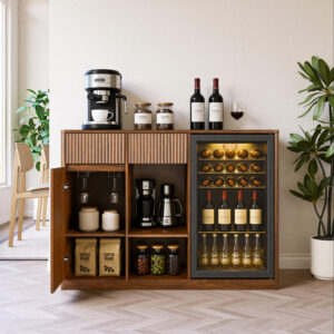 51.2" Modern Fluted Bar Cabinet with Fridge Compartment(Fridge Not Included, Adjustable Shelves & Built-in Power Outlets, Multipurpose Wine Storage Cabinet for Living & Dining Room, Walnut