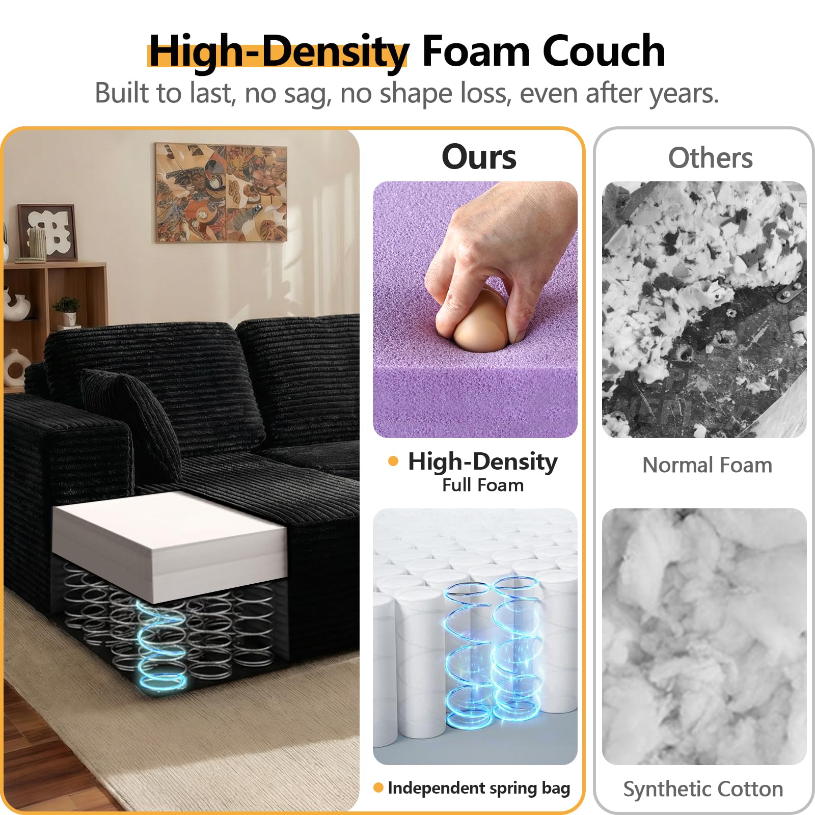 New 96"Frameless Boneless Soft Sofa,Cloud Sectional Couch With L-Shaped Chaise Black Left Corner - Image 4