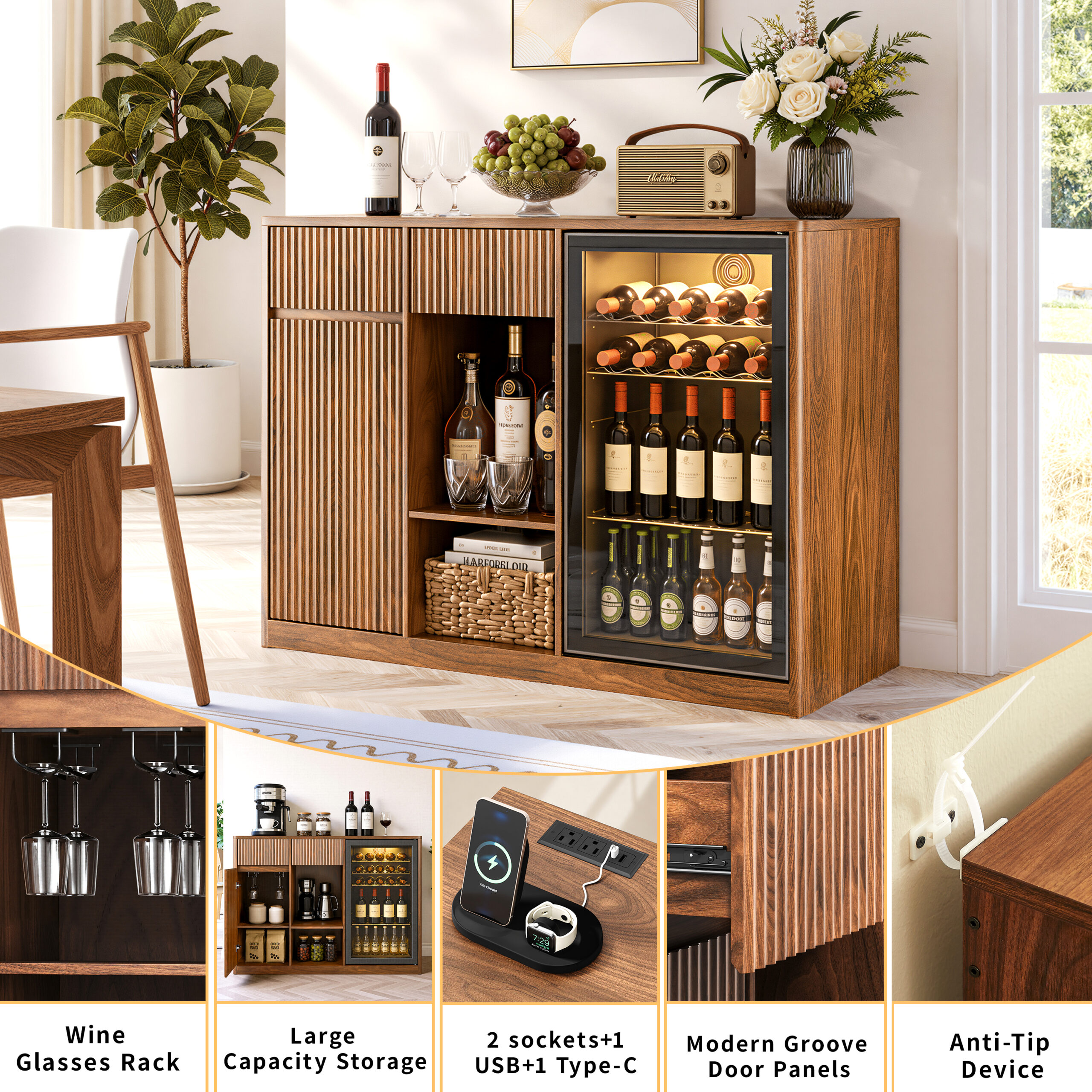 51.2" Modern Fluted Bar Cabinet with Fridge Compartment(Fridge Not Included, Adjustable Shelves & Built-in Power Outlets, Multipurpose Wine Storage Cabinet for Living & Dining Room, Walnut - Image 11