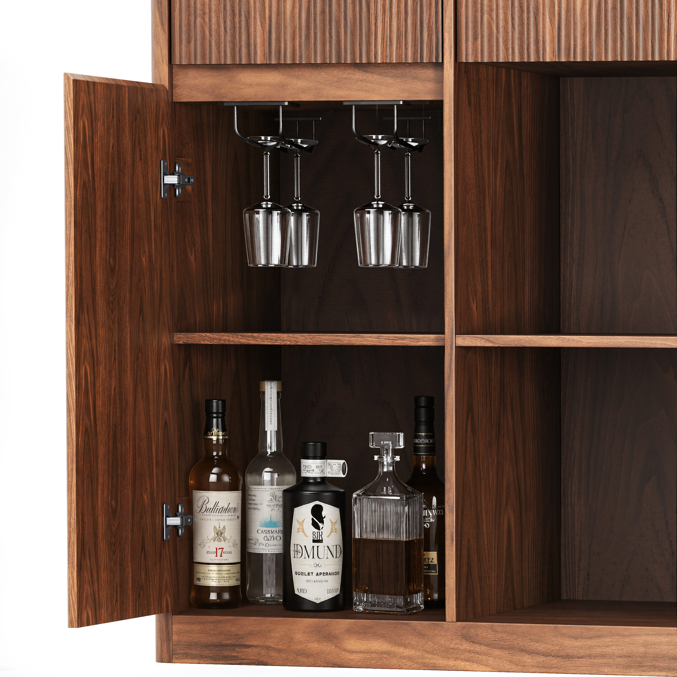 51.2" Modern Fluted Bar Cabinet with Fridge Compartment(Fridge Not Included, Adjustable Shelves & Built-in Power Outlets, Multipurpose Wine Storage Cabinet for Living & Dining Room, Walnut - Image 9