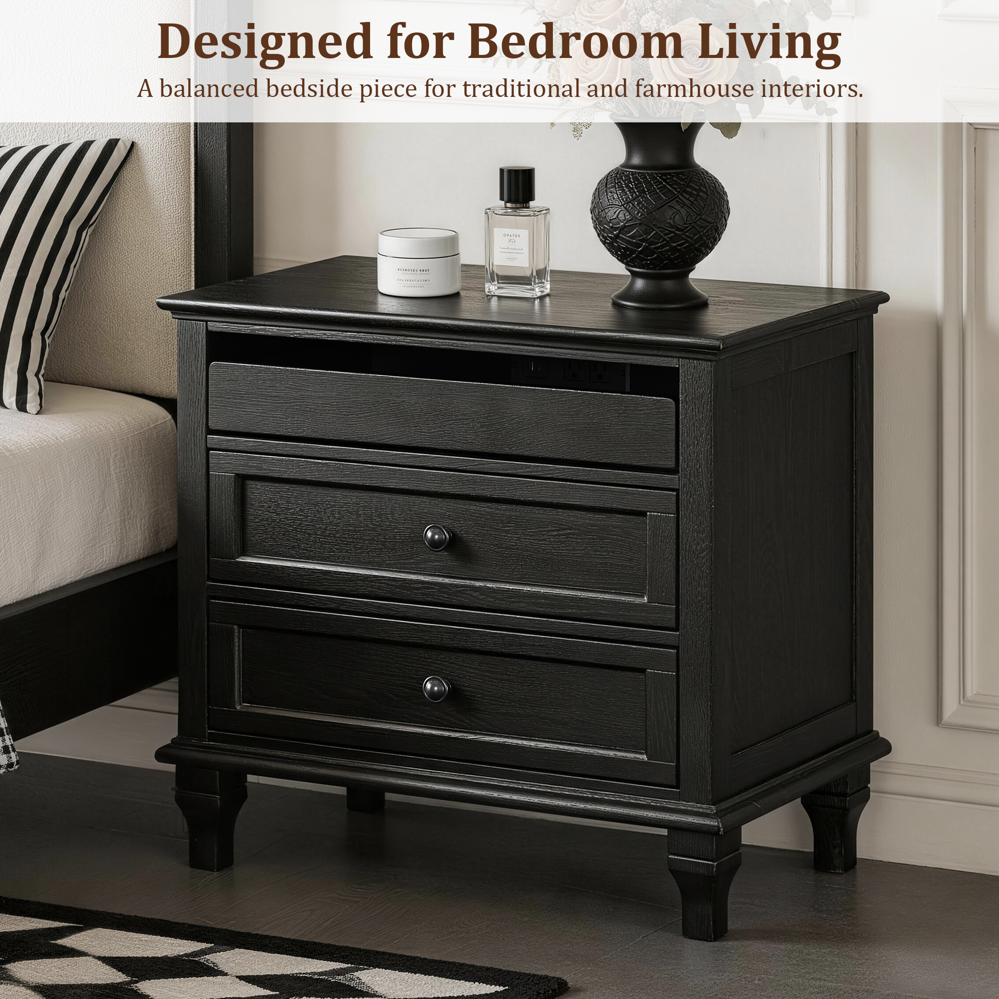 28" Wood Nightstand with Charging Station, Farmhouse Bedside Table with 3 Drawers, USB & Type-C Ports, Storage End Table for Bedroom Living Room Office - Image 5