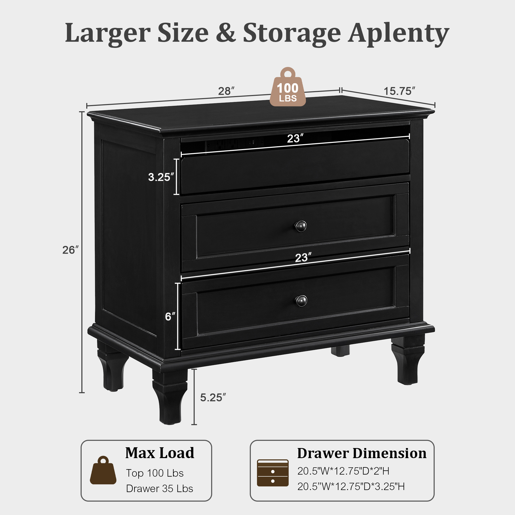 28" Wood Nightstand with Charging Station, Farmhouse Bedside Table with 3 Drawers, USB & Type-C Ports, Storage End Table for Bedroom Living Room Office - Image 4
