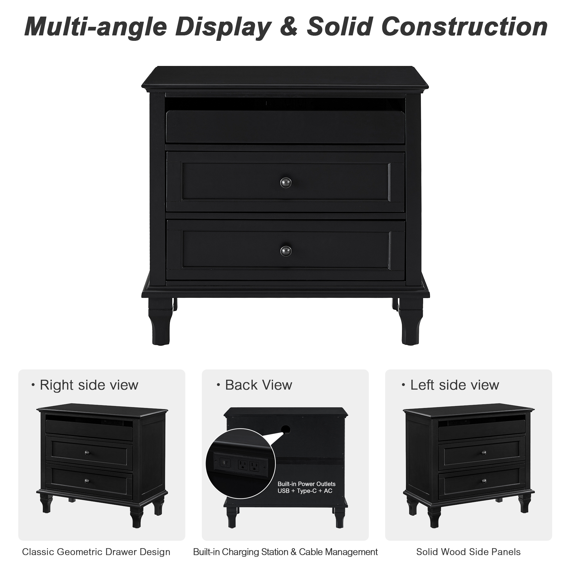 28" Wood Nightstand with Charging Station, Farmhouse Bedside Table with 3 Drawers, USB & Type-C Ports, Storage End Table for Bedroom Living Room Office - Image 2