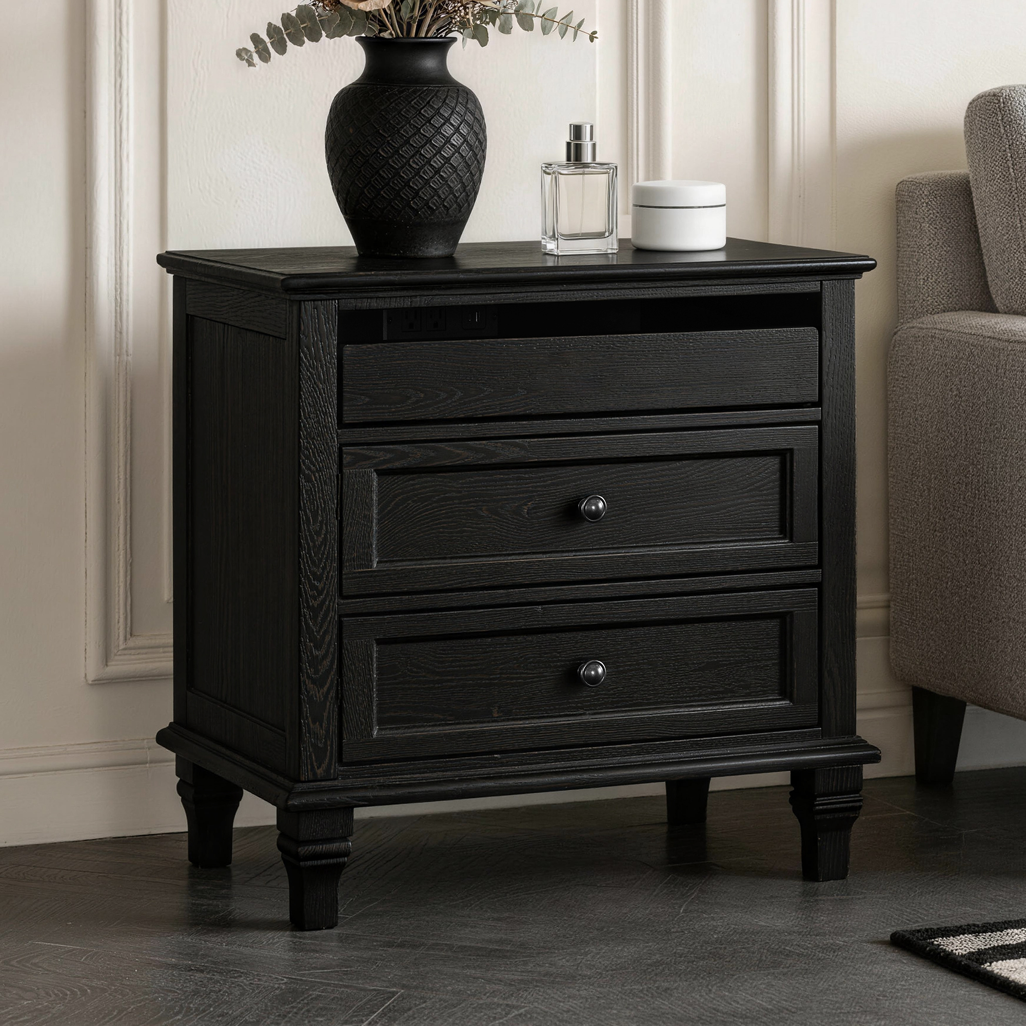 28" Wood Nightstand with Charging Station, Farmhouse Bedside Table with 3 Drawers, USB & Type-C Ports, Storage End Table for Bedroom Living Room Office