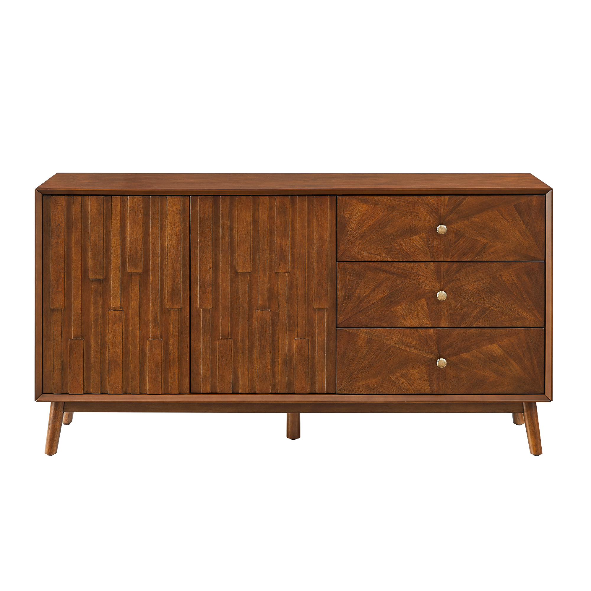 56" Mid Century Modern TV Stand with Storage, Entertainment Center with 3 Drawers and 2 Doors, Wooden Sideboard Buffet Cabinet for Living Room, Dining Room & Entryway, Walnut Brown - Image 2