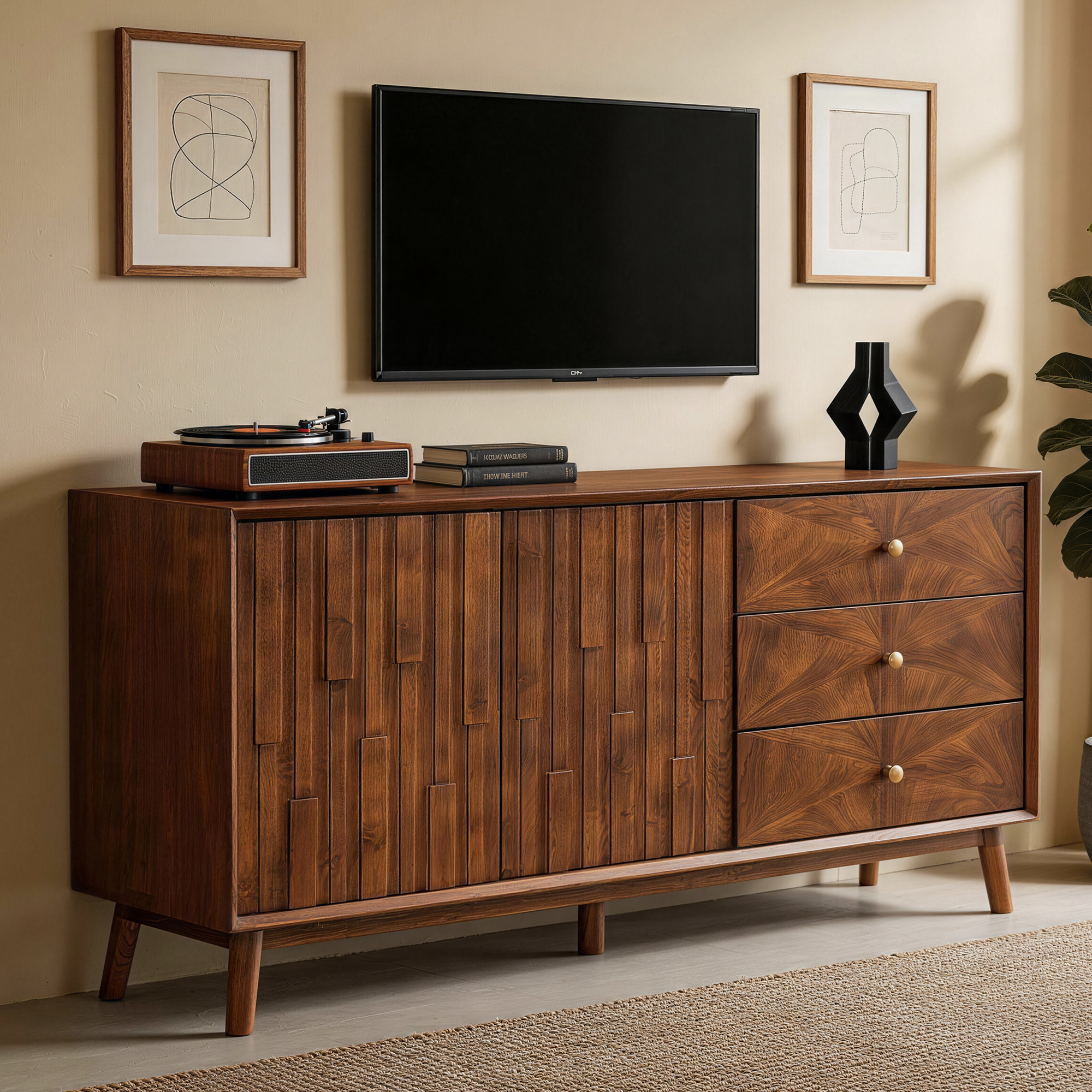 56" Mid Century Modern TV Stand with Storage, Entertainment Center with 3 Drawers and 2 Doors, Wooden Sideboard Buffet Cabinet for Living Room, Dining Room & Entryway, Walnut Brown - Image 3