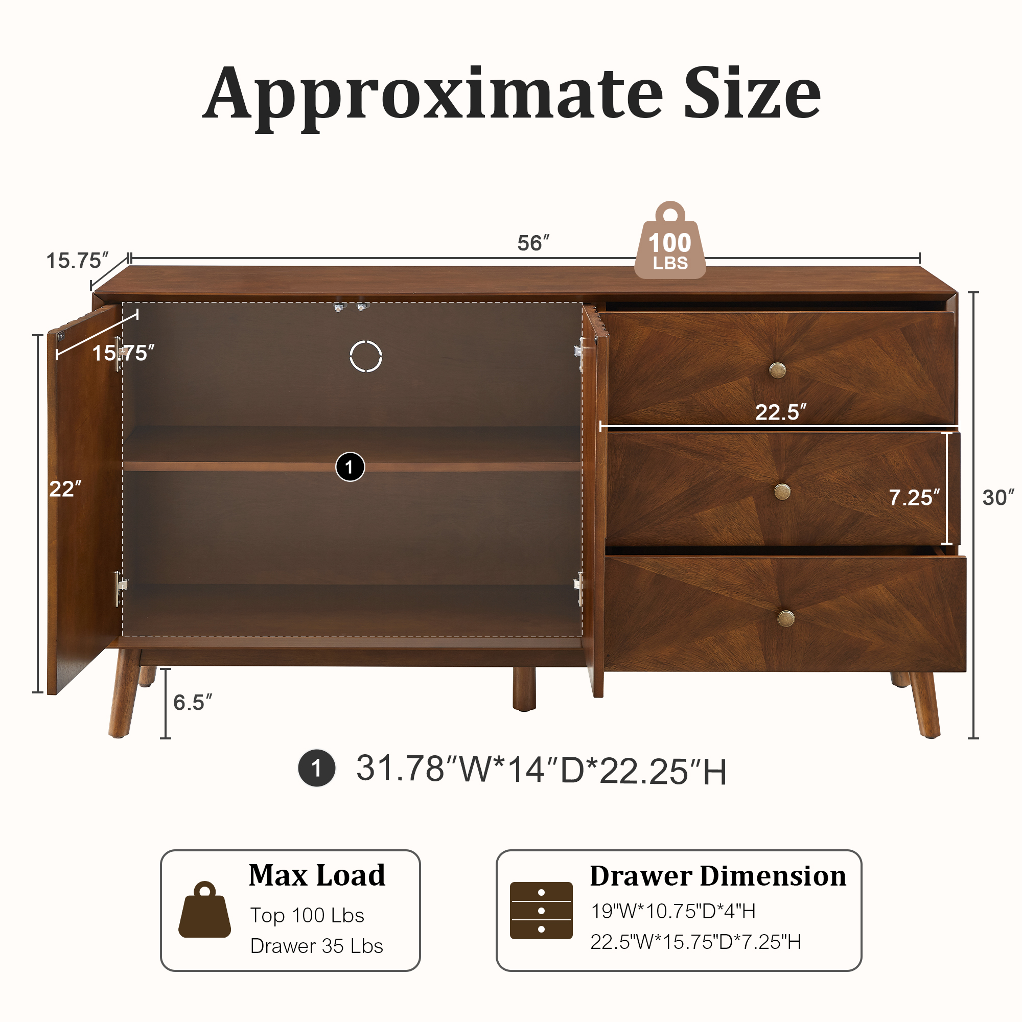 56" Mid Century Modern TV Stand with Storage, Entertainment Center with 3 Drawers and 2 Doors, Wooden Sideboard Buffet Cabinet for Living Room, Dining Room & Entryway, Walnut Brown - Image 5