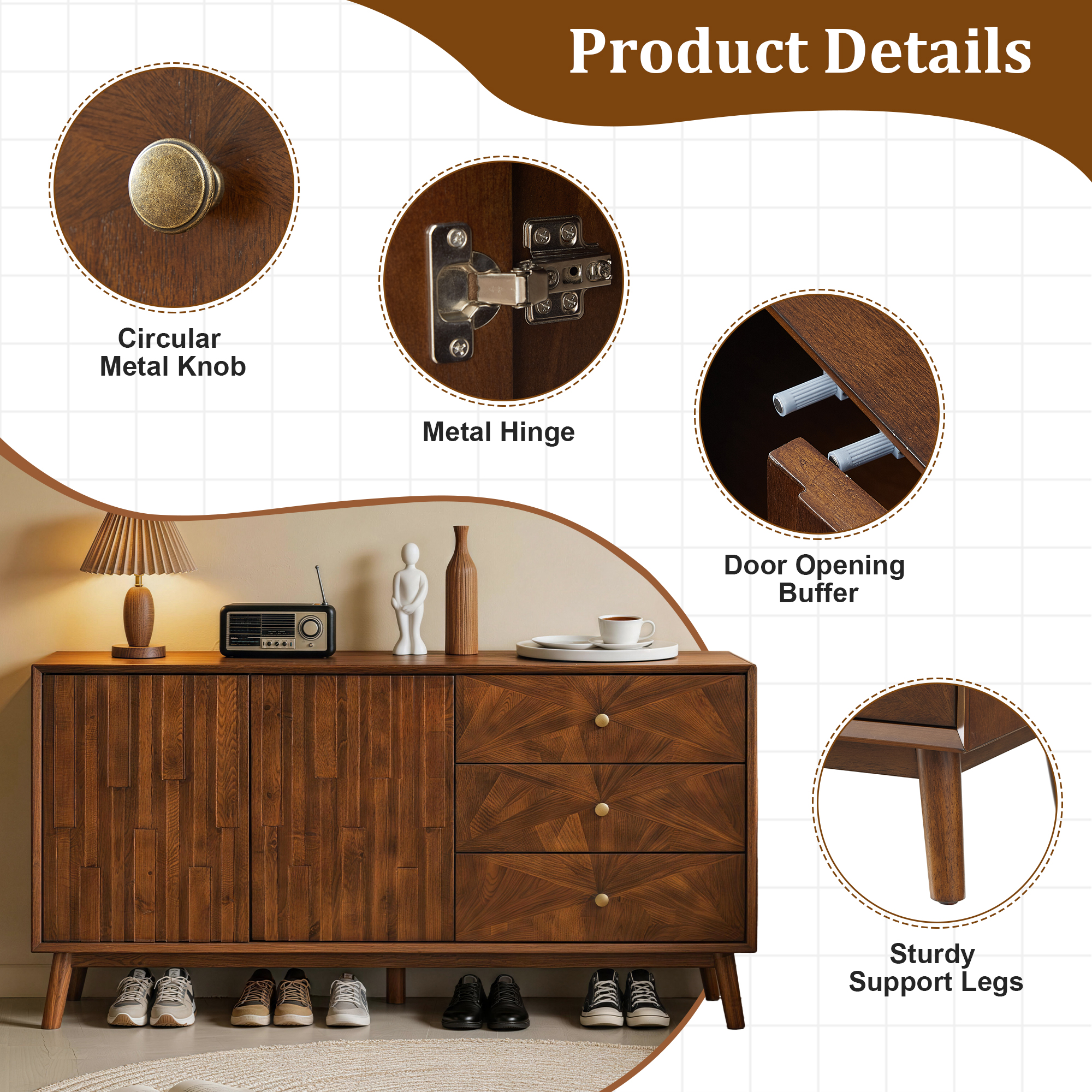 56" Mid Century Modern TV Stand with Storage, Entertainment Center with 3 Drawers and 2 Doors, Wooden Sideboard Buffet Cabinet for Living Room, Dining Room & Entryway, Walnut Brown - Image 4