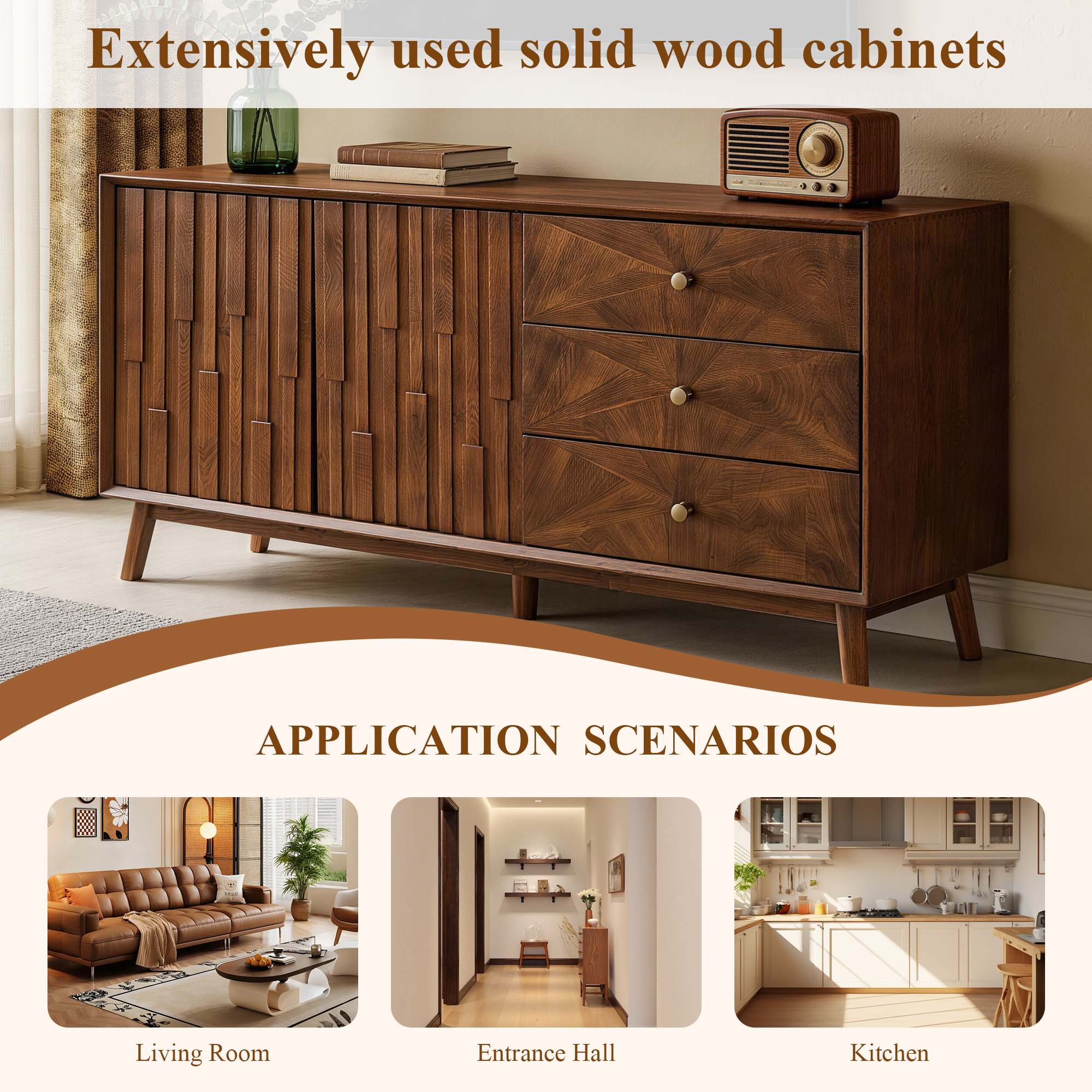 56" Mid Century Modern TV Stand with Storage, Entertainment Center with 3 Drawers and 2 Doors, Wooden Sideboard Buffet Cabinet for Living Room, Dining Room & Entryway, Walnut Brown - Image 6