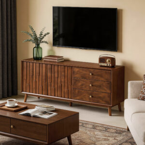 56" Mid Century Modern TV Stand with Storage, Entertainment Center with 3 Drawers and 2 Doors, Wooden Sideboard Buffet Cabinet for Living Room, Dining Room & Entryway, Walnut Brown