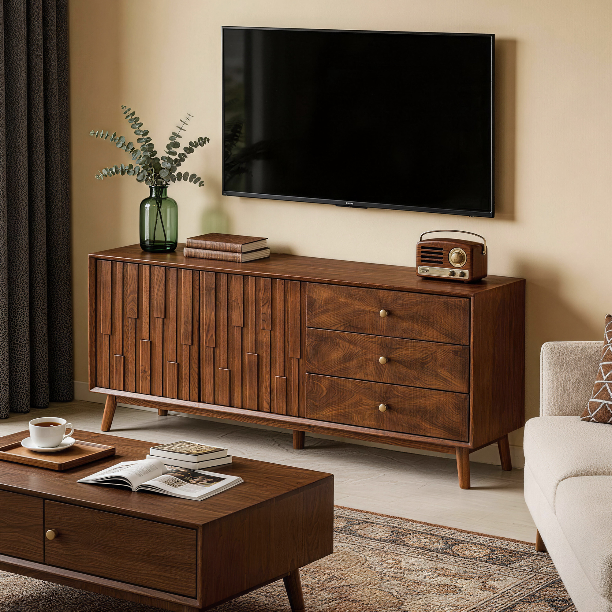 56" Mid Century Modern TV Stand with Storage, Entertainment Center with 3 Drawers and 2 Doors, Wooden Sideboard Buffet Cabinet for Living Room, Dining Room & Entryway, Walnut Brown
