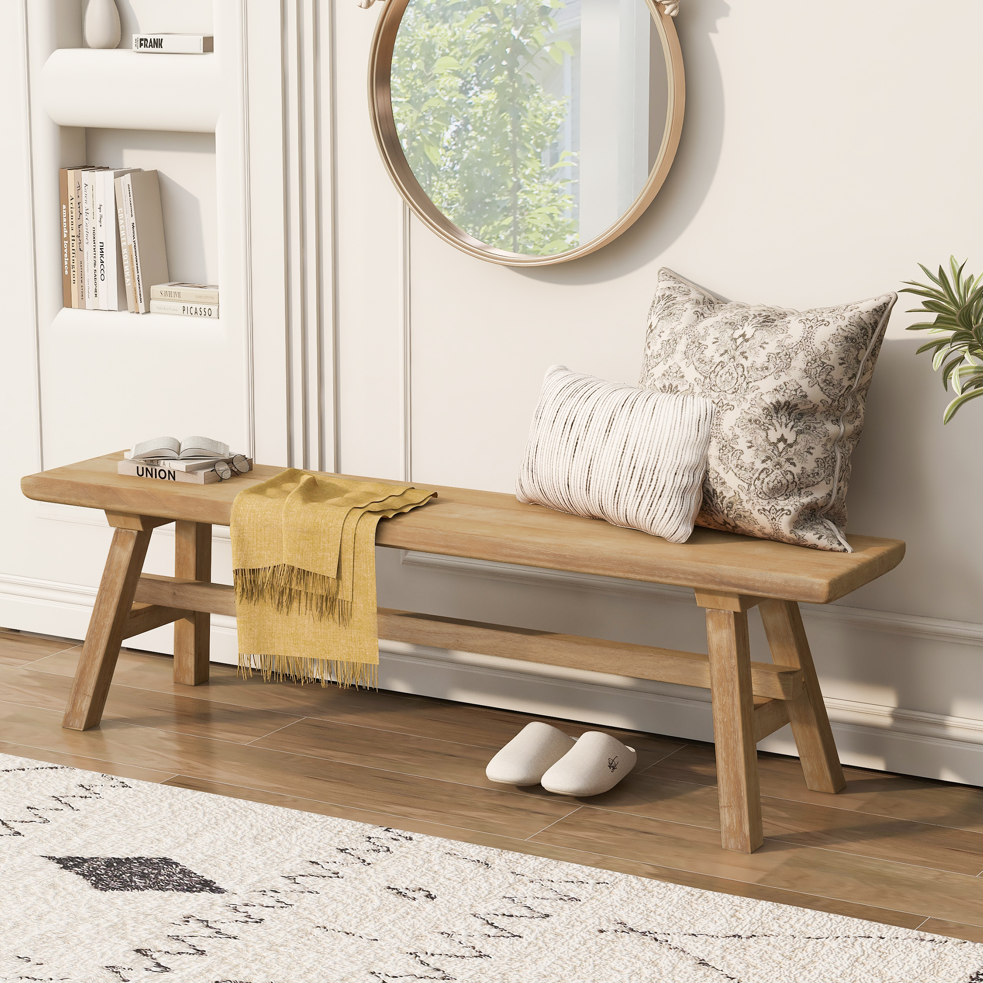 55" Farmhouse Wood Bench, Rustic Solid Wood Dining Room & Entryway Bench Seat for Indoors, Easy Assembly - Image 3