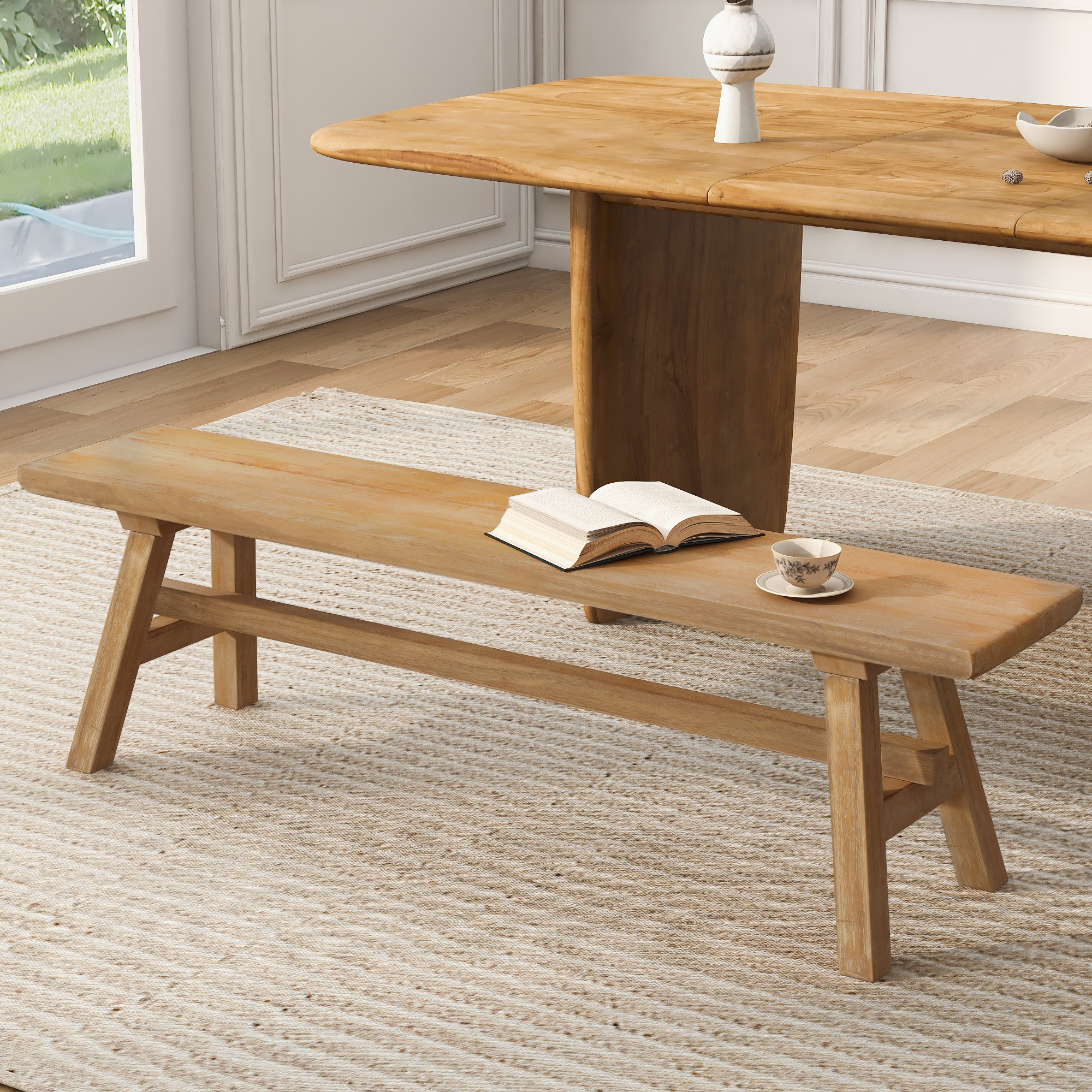 55" Farmhouse Wood Bench, Rustic Solid Wood Dining Room & Entryway Bench Seat for Indoors, Easy Assembly - Image 2
