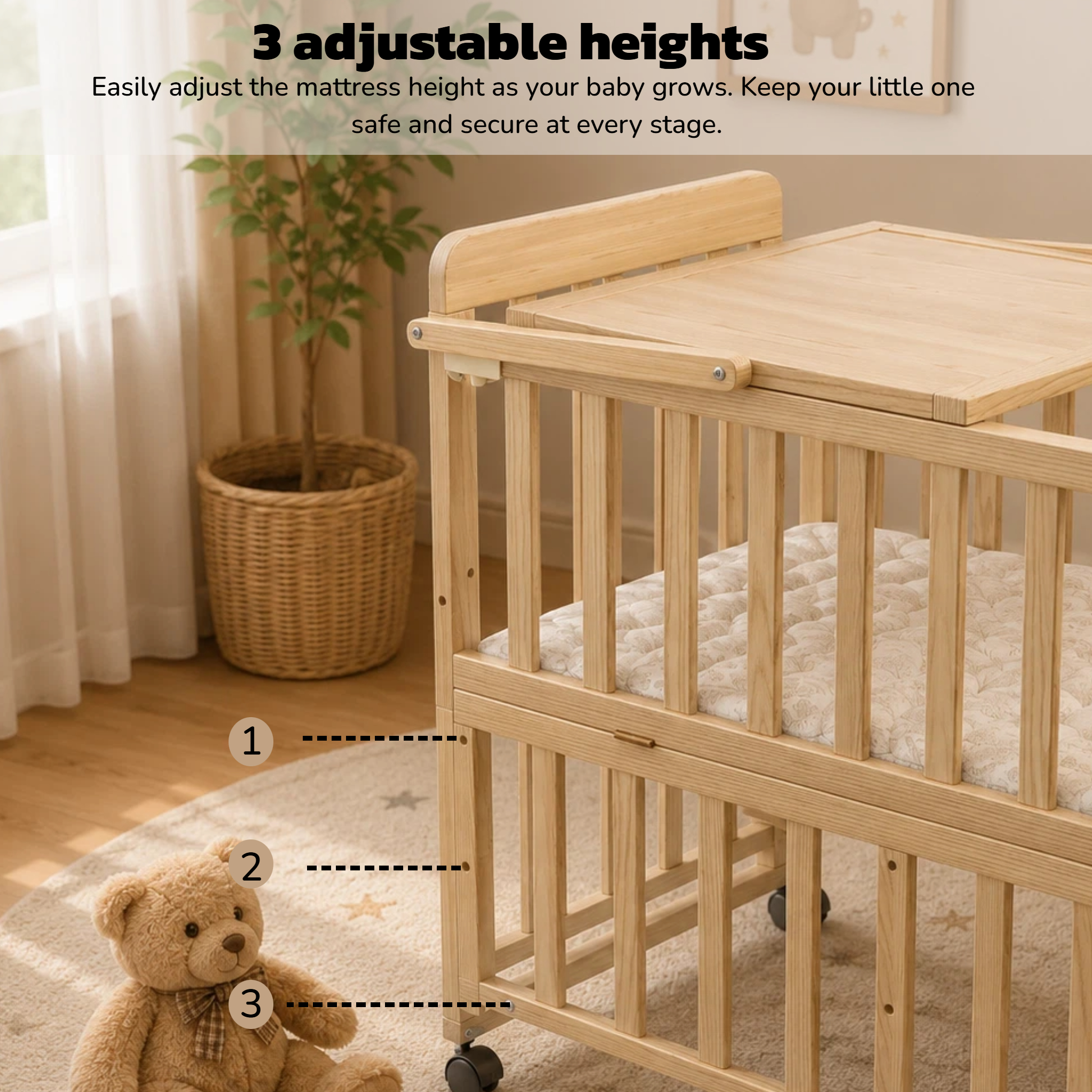 Solid Wood Baby Bassinets Wooden Bedside Bassinet Portable Mini Baby Crib 3 Adjustable Heights With Mattress and Changing Shelf for Newborns - Image 6