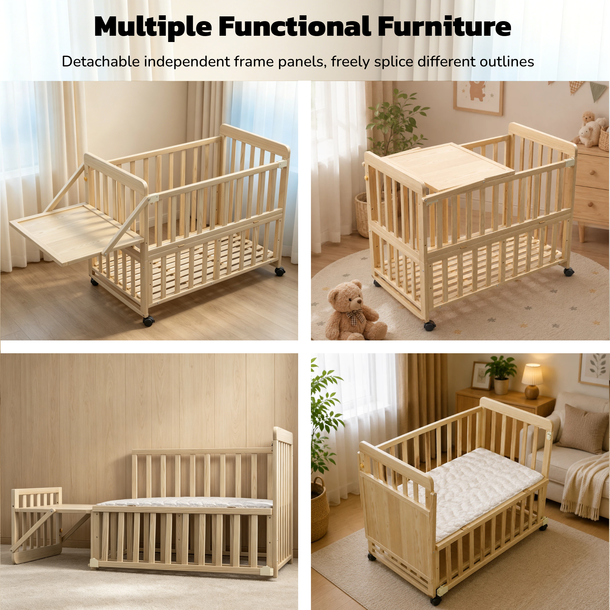 Solid Wood Baby Bassinets Wooden Bedside Bassinet Portable Mini Baby Crib 3 Adjustable Heights With Mattress and Changing Shelf for Newborns - Image 2