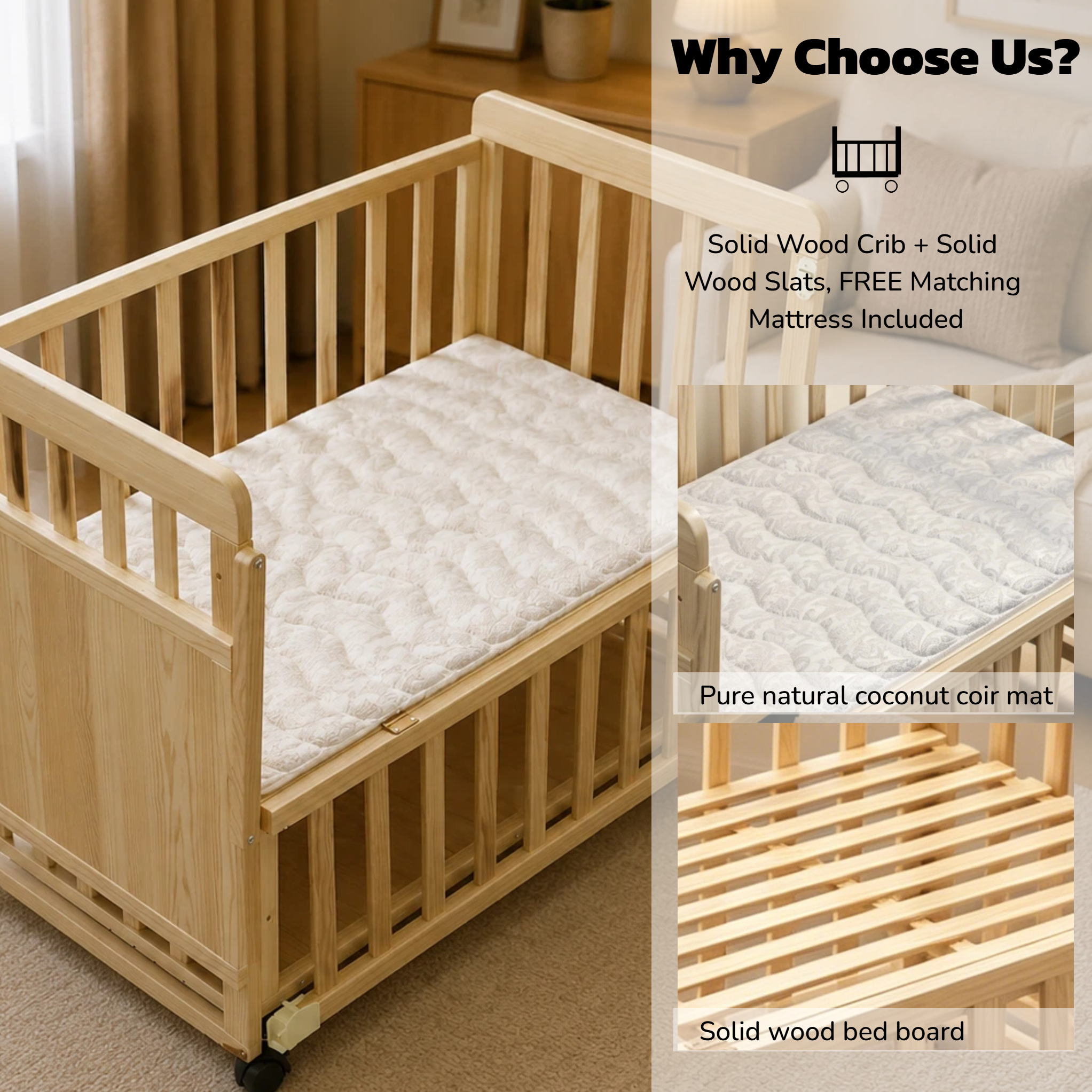 Solid Wood Baby Bassinets Wooden Bedside Bassinet Portable Mini Baby Crib 3 Adjustable Heights With Mattress and Changing Shelf for Newborns - Image 9