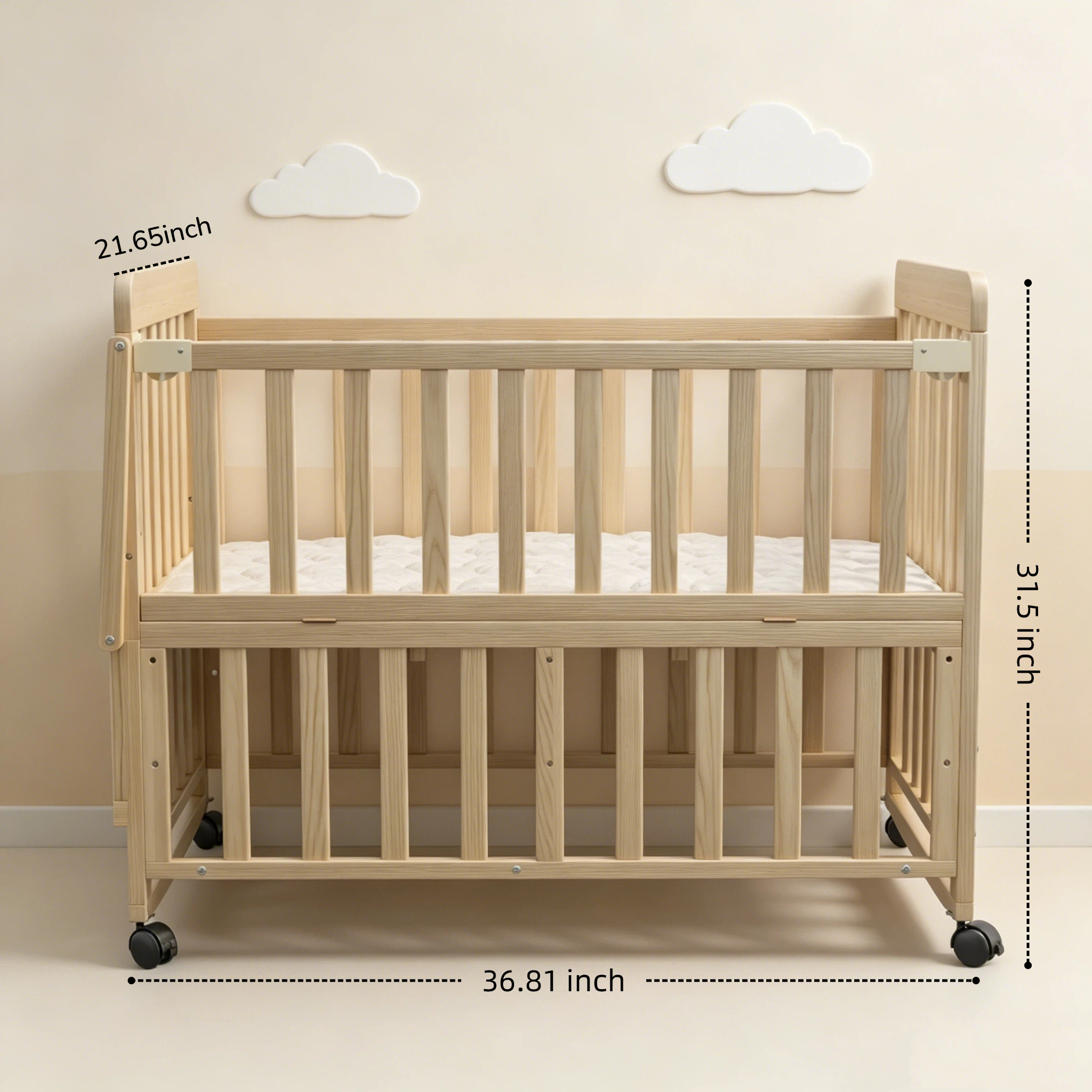Solid Wood Baby Bassinets Wooden Bedside Bassinet Portable Mini Baby Crib 3 Adjustable Heights With Mattress and Changing Shelf for Newborns - Image 8